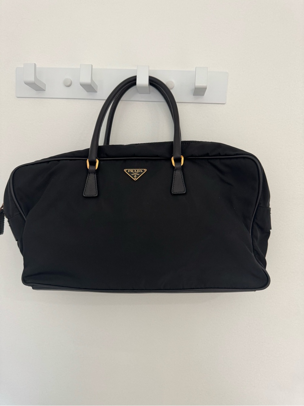 Prada Black Nylon Duffel with Leather Handles and Gold Hardware